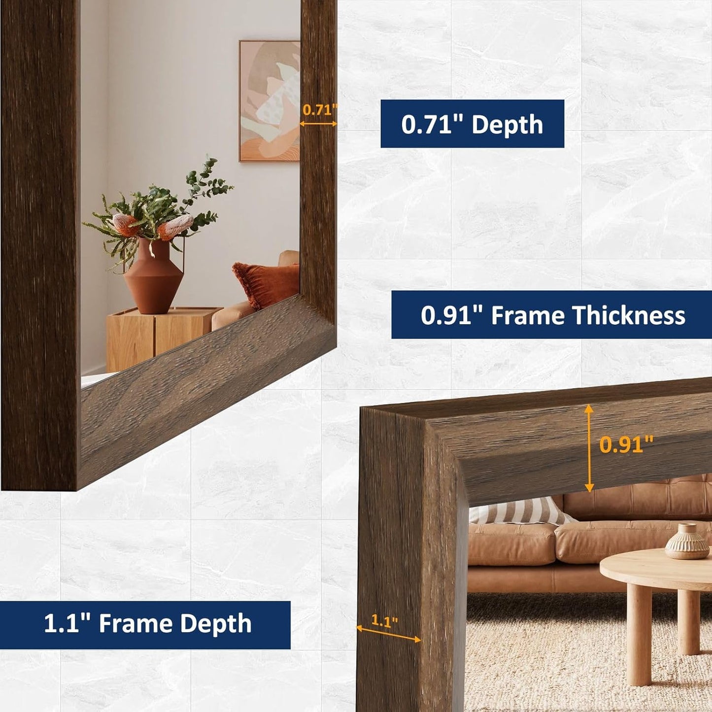 WEER Bathroom Mirror, 40x36 Inch Wall Mirror, Walnut Wood Grain Framed Mirror, Rectangle Vanity Mirror, Tempered Glass, Anti-Rust, Hangs Horizontally or Vertically