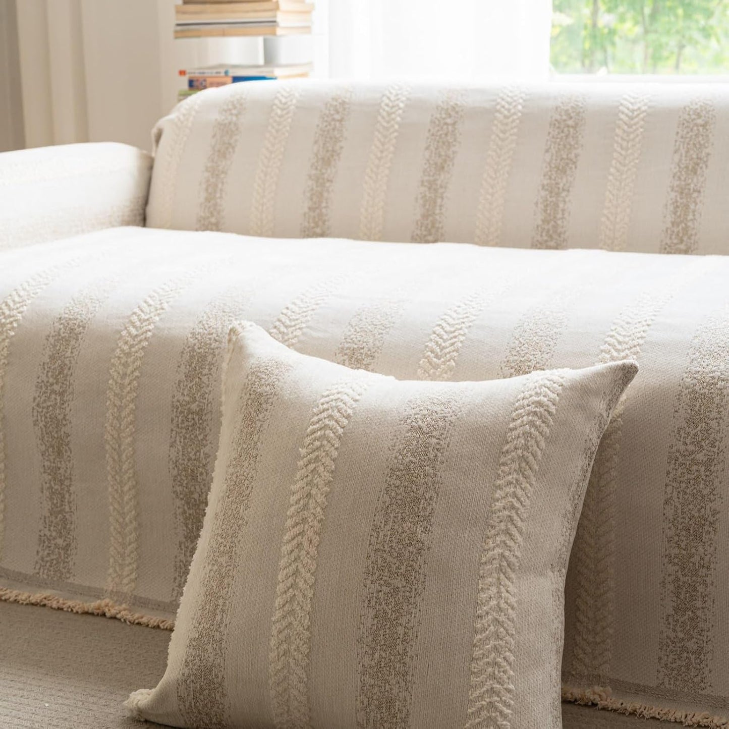 Pack of 1 Decorative Throw Pillow Covers 20x20 Inch, Pillow Cases for Living Room Couch Bedroom Farmhouse Home Decor, Soft Stripe Chenille Cushion Covers for Sofa Beige,20''x20''