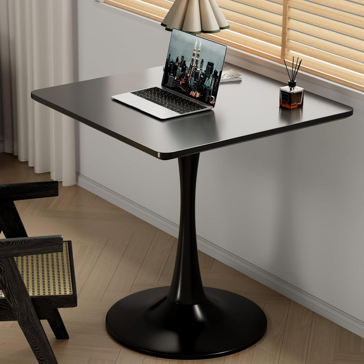 24" Black Small Dining Table for 2 or 4, Small Square Tulip Table for Kitchen, Round Corner Wood Bistro Table, Mid Century Modern Tables with Sturdy Pedestal for Living Room, Cafe, Office, Pub, Bar