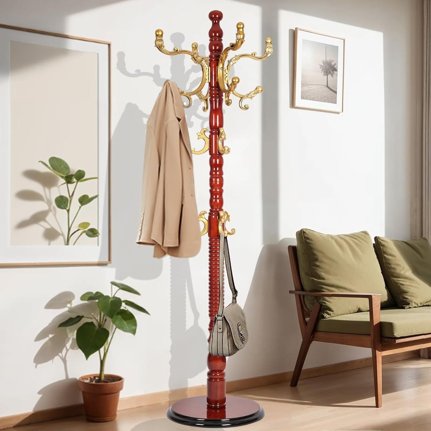 73 in Wood Coat Rack, Coat Rack Freestanding with Stable Round Base, Adjustable Height Tree Coat Racks Stand for Home Bedroom Office Hallway Entryway (Haitang color)