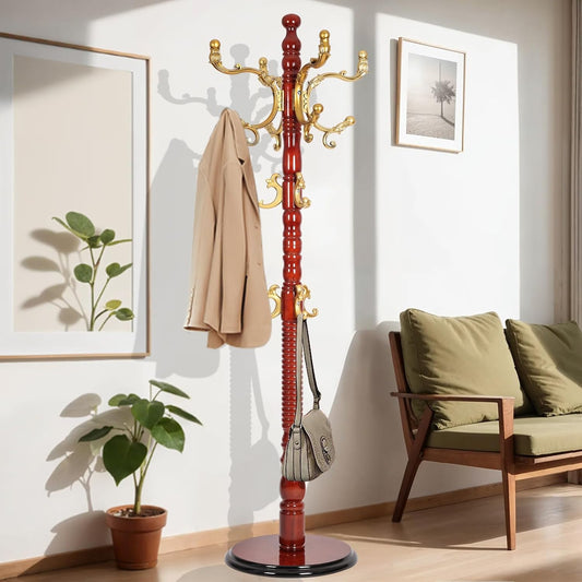 73 in Wood Coat Rack, Coat Rack Freestanding with Stable Round Base, Adjustable Height Tree Coat Racks Stand for Home Bedroom Office Hallway Entryway (Haitang color)