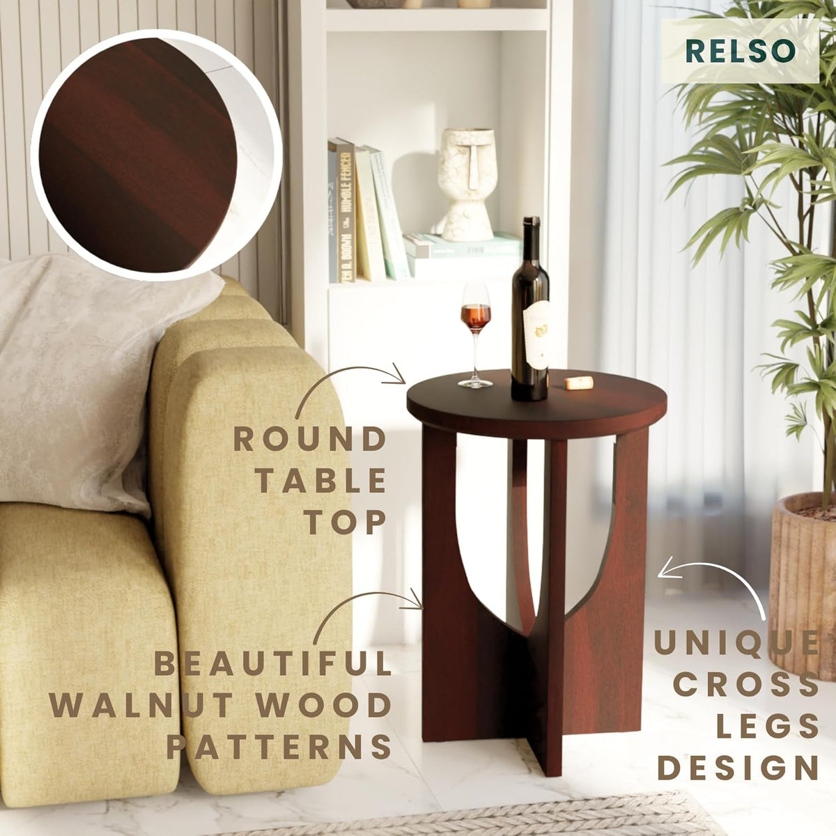 Relso Stupa Solid Wood End Table – 22" Tall Round Side Table for Living Room or Bedroom, Handcrafted Accent Table in Walnut Finish, Easy Assembly, Modern Minimalist Design for Small Spaces