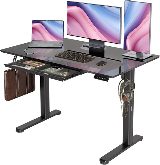 INNOVAR Glass Standing Desk with Drawers, 48×24 Inch Adjustable Stand Up Desk, Quick Install Home Office Computer Desk, Black