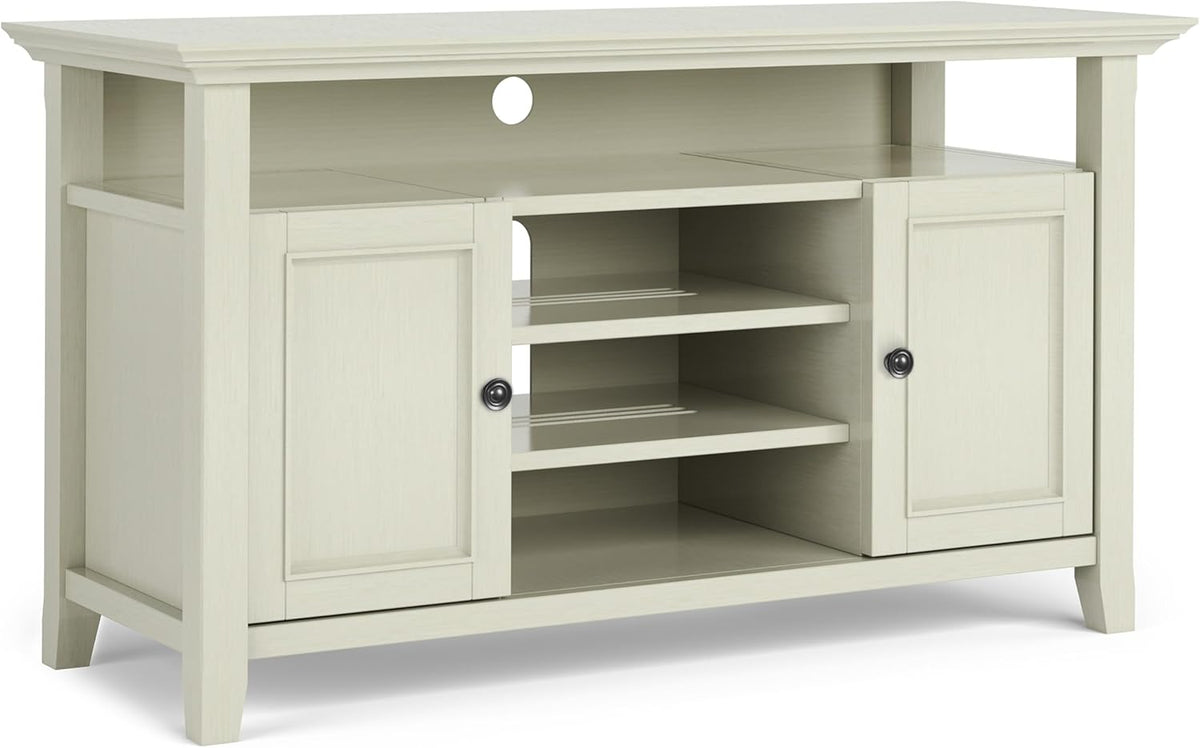 SIMPLIHOME Amherst 54-inch Wide Solid Wood TV Stand in Antique White, Transitional-Style Media Console for Living Room with Adjustable Shelves and Cable Management