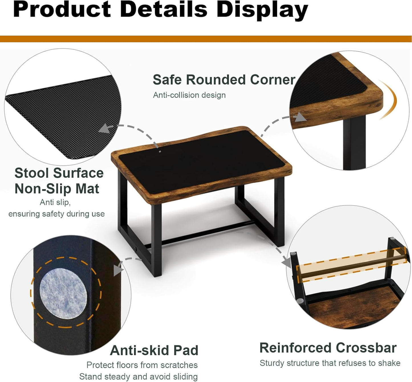 Wooden Step Stool with Non-Slip mat,Bed Steping Stool for Adult Hold up to 500lbs，Wood One Step for Kitchen, Bedroom, Living Room, Bathroom… (Brown)