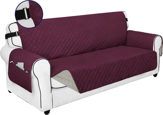 PureFit Reversible Sofa Couch Cover Water Resistant Couch Covers for 3 Cushion, Washable Furniture Cover with Non-Slip Foam and Adjustable Strap for Dogs, Pets (Sofa, Wine/Beige)