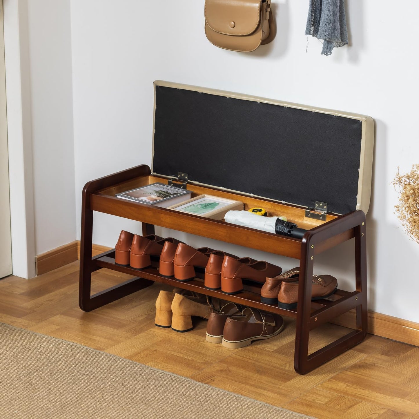 Solid Wood Shoe Bench, 2-Tier Entryway Bench with Cushion and Flip-Open Storage Box, Mid-Century Modern Shoe Bench Rack for Hallway, Mudroom(Gray, 31.5'')