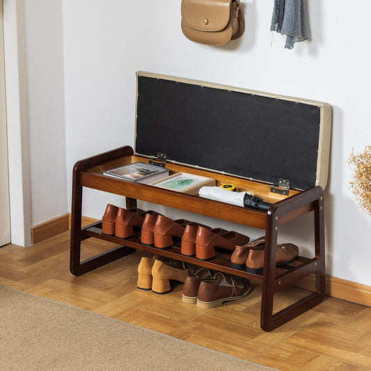 Solid Wood Shoe Bench, 2-Tier Entryway Bench with Cushion and Flip-Open Storage Box, Mid-Century Modern Shoe Bench Rack for Hallway, Mudroom(Gray, 31.5'')