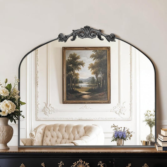 MISSDAY Vintage Matte Black Baroque Mirror for Wall, 36"X30" Arched Antique Wall Mirror with Elegant Carving Top, Full Metal Frame Wall-Mounted Mirror for Bathroom, Living Room, Fireplace, Entryway