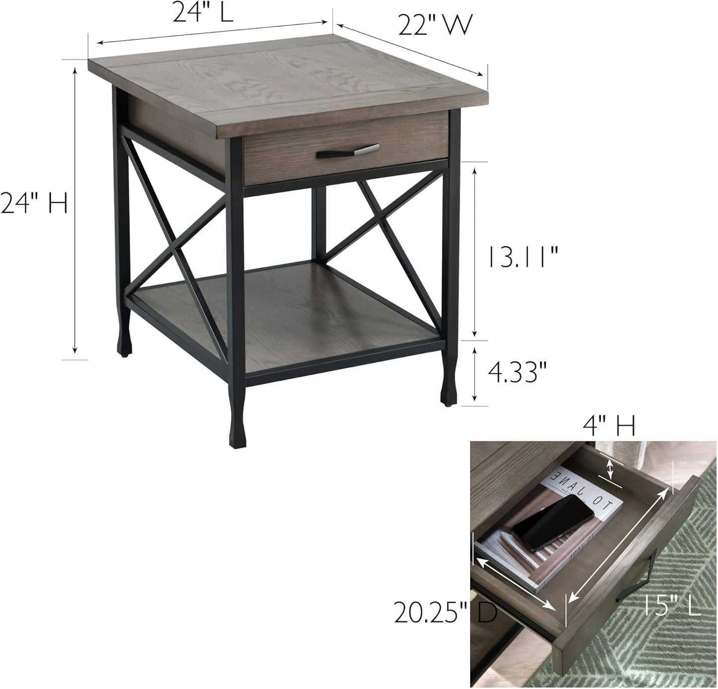 Leick Home 23007 Chisel & Forge One Drawer X Design Mixed Metal and Wood Side Table with Shelf, Smoke Gray and Matte Black, 22 in x 24 in x 24 in