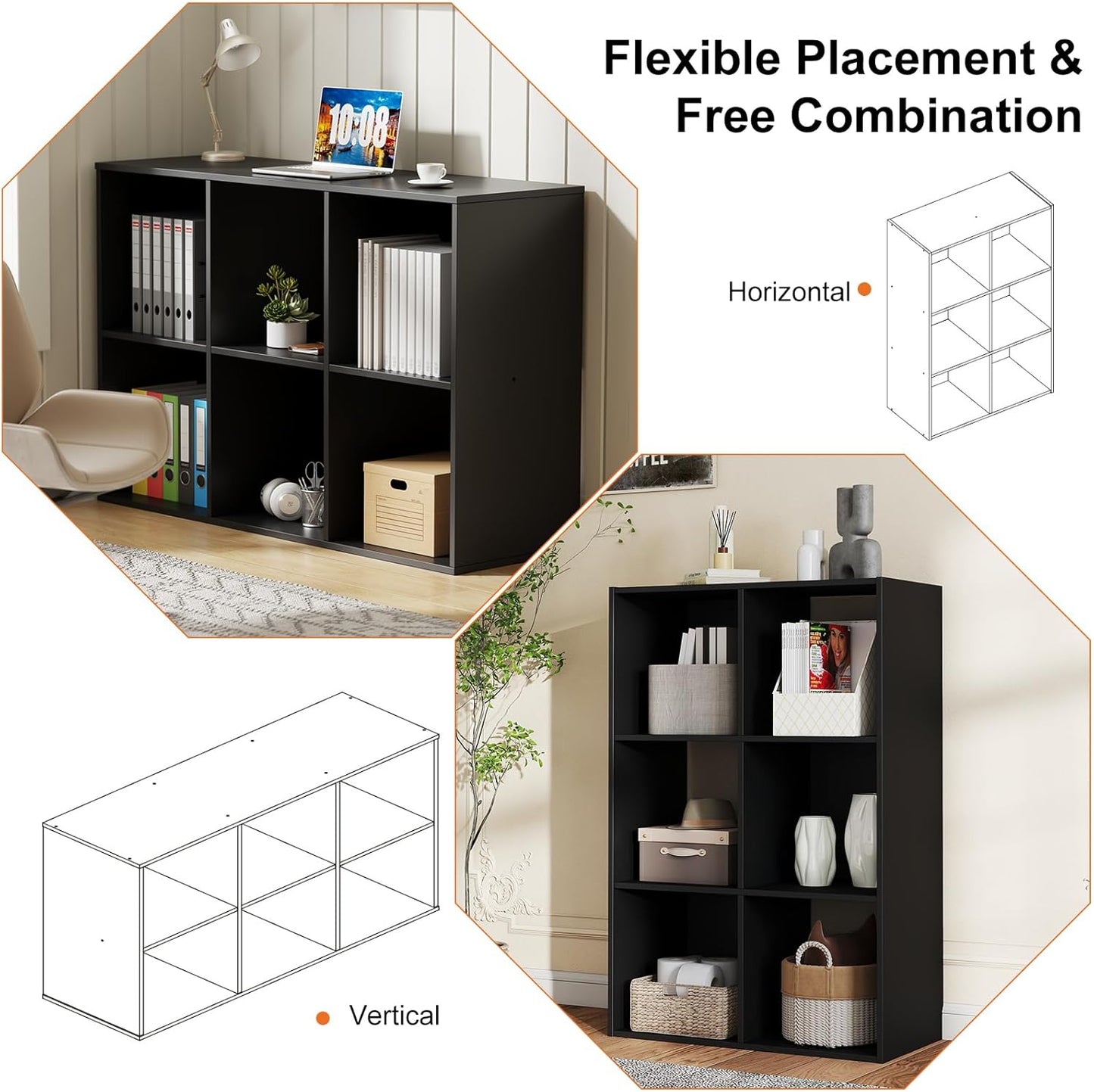 Sweetcrispy 6 Cube Storage Organizer - Open Cube Bookshelf with 3 Removable Back Panels, Display Storage Bookcase for Living Room, Bedroom, Entrance Hall, Home Office，36" L×11.6" W×24" H, Deep Black