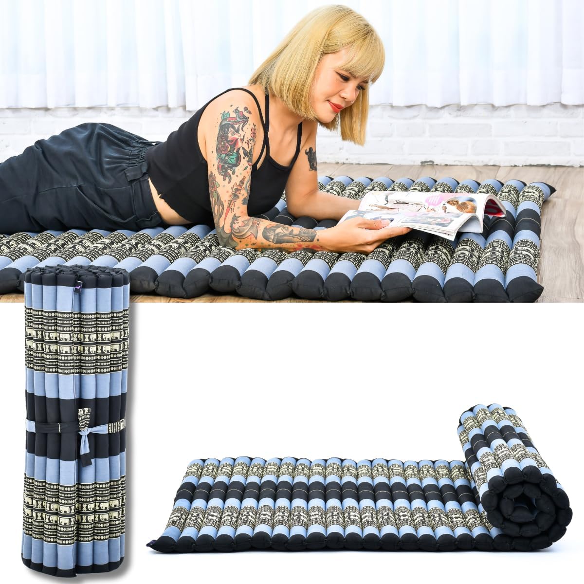 Leewadee - Foldable Floor Mattress - Japanese Roll Up Futon -Trifold Tatami Mat- Guest Floor Bed - Camping Mattress - Thai Massage Mat, Kapok Filled, 75 x 39 inches, Blue