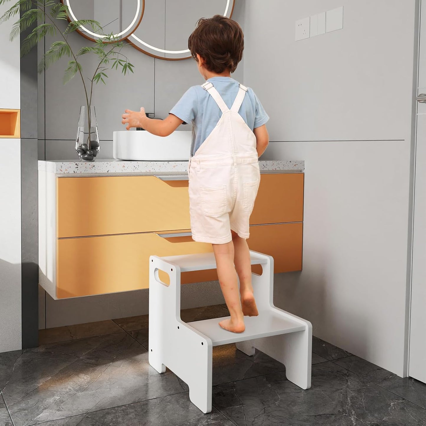 Wooden Step Stool for Kids/Adults,Supports 300 lbs Kids Toddler Stepping Stool for Toilet/Kitchen/Bed,White 2 Packs