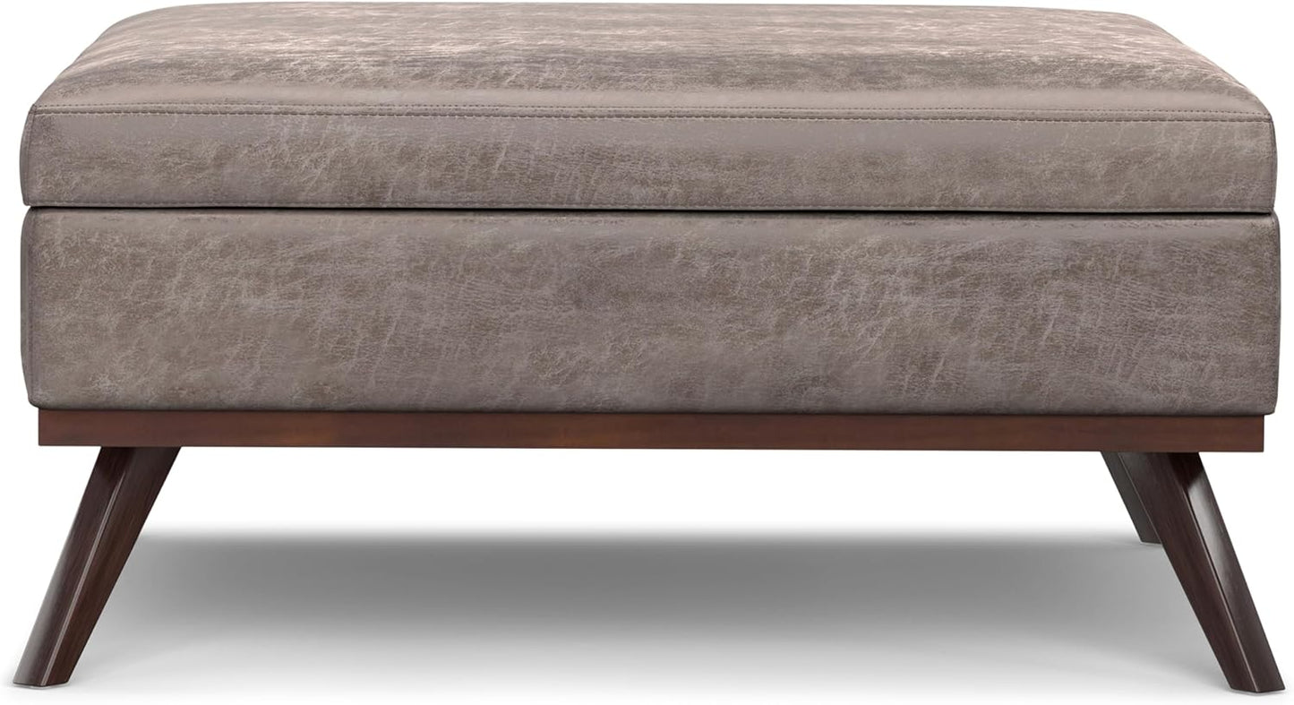 SIMPLIHOME Owen 40 inch Wide Mid Century Modern Square XL Coffee Table Storage Ottoman in Distressed Grey Taupe Vegan Faux Leather, Assembled, for The Living Room, Entryway and Family Room