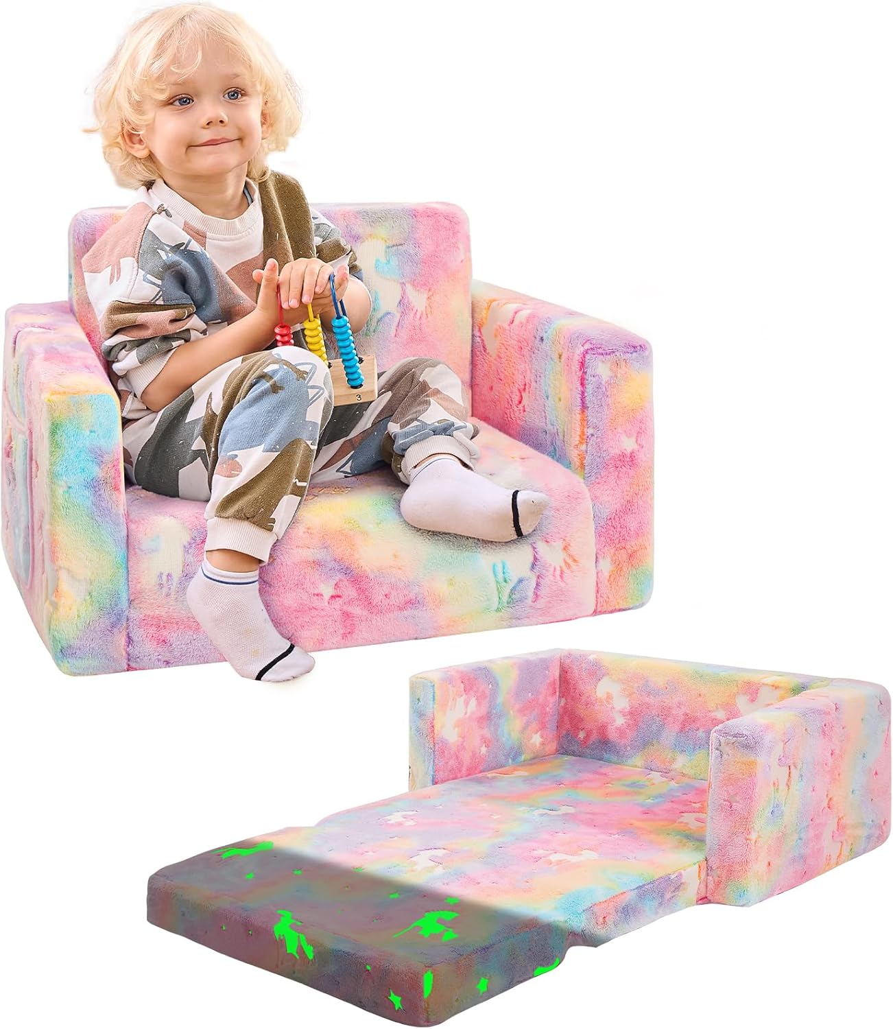 Toddler Couch,Toddler Chair,Kids Sofa Chair 2-in-1 Baby Seat Furniture Fold Out, Convertible Sofa to Lounger Soft Comfy Glow in The Dark Kids Sofa Bed Gifts for Kids Girl Boys,Unicorn