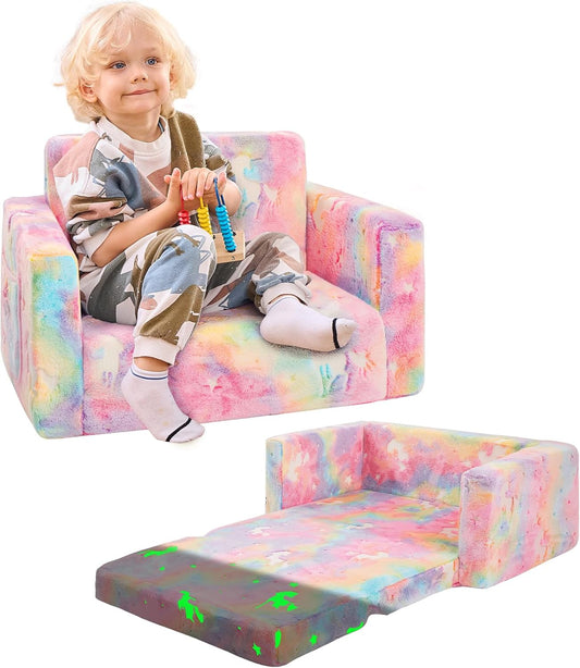Toddler Couch,Toddler Chair,Kids Sofa Chair 2-in-1 Baby Seat Furniture Fold Out, Convertible Sofa to Lounger Soft Comfy Glow in The Dark Kids Sofa Bed Gifts for Kids Girl Boys,Unicorn