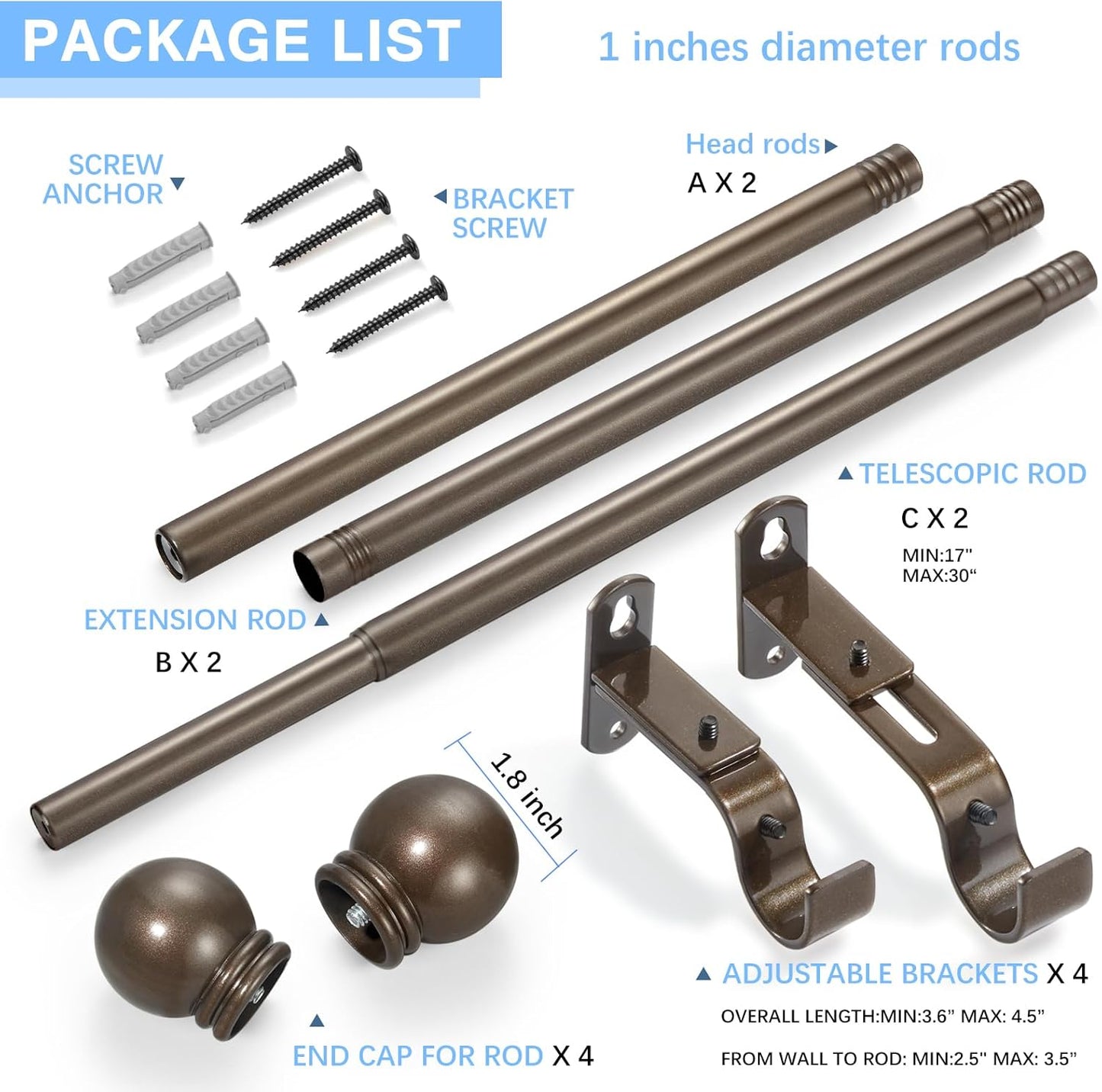 Curtain Rods for Windows 16 to 48 Inches, Curtain Rod Max Adjustable Length of 60 IN, 1" Diameter Drapery Rods Round Finials, Brown, Pack of 2