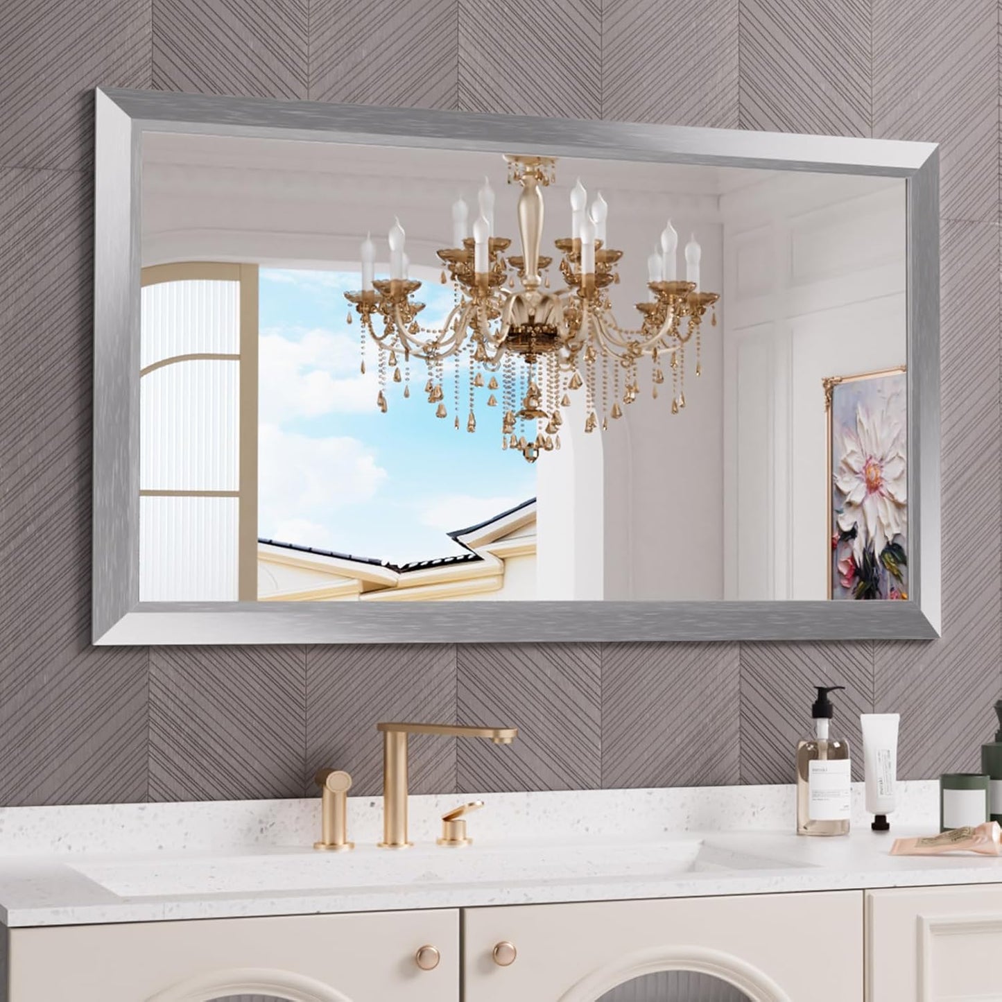Amorho 50 X30 Inch Bathroom Mirror Silver, Thick Metal Framed Wall Mirrors for Over Sink, Brushed Nickel Mirror Perfect for Bedroom, Living Room, Entryway, Rectangle (Horizontal/Vertical).