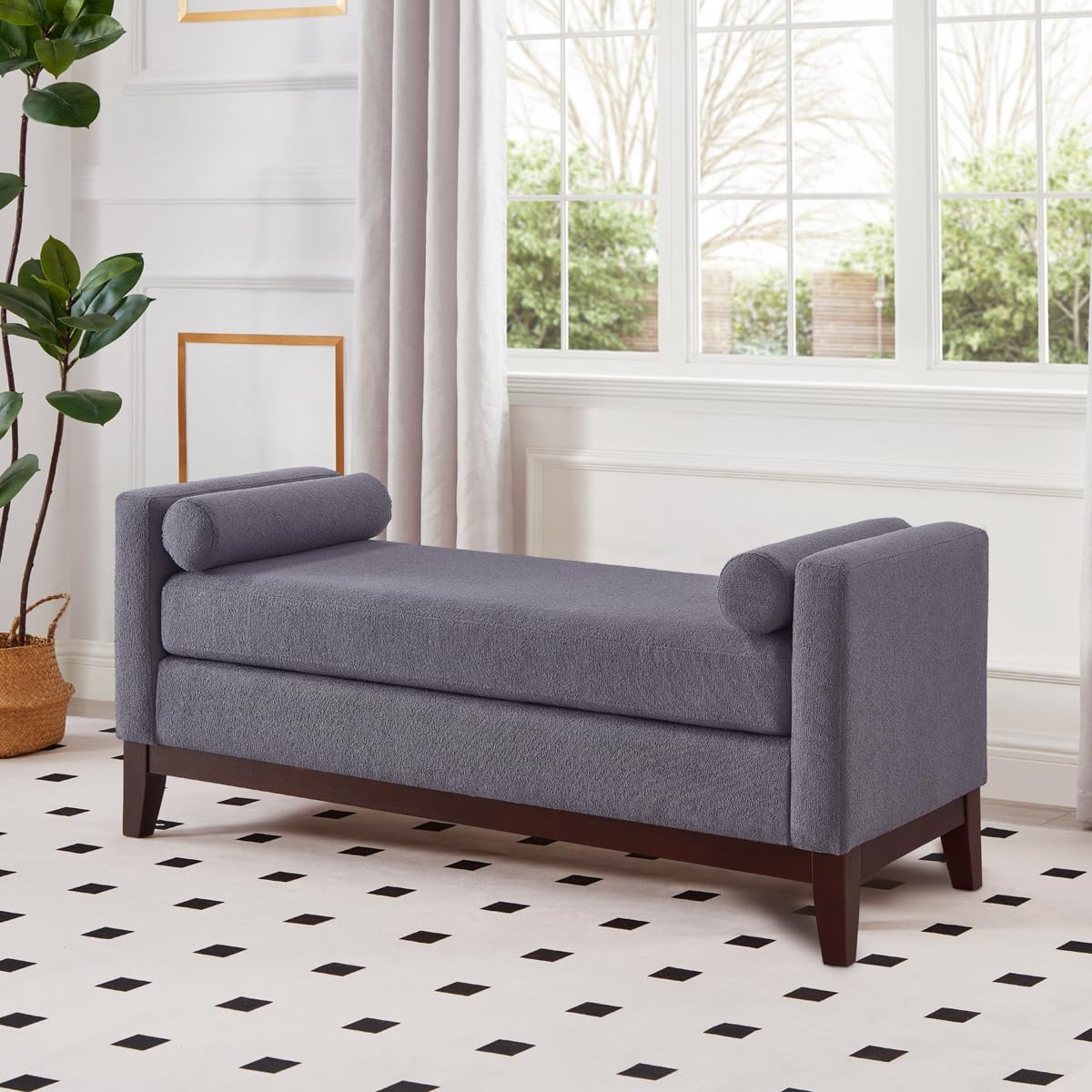 24KF Large Upholstered Boucle Fabric Ottoman with Pillows,Comfort Padded Window Bench for Living Room,Entryway Bench,5095-Dark Gray