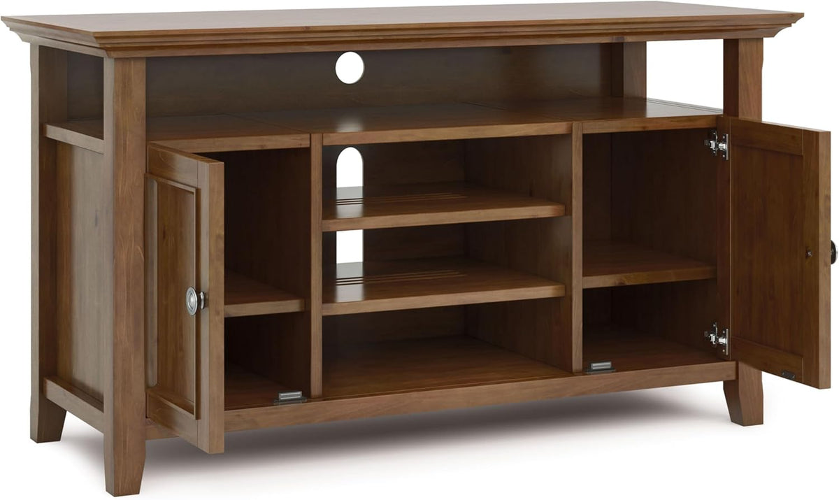SIMPLIHOME Amherst 54-inch Wide Solid Wood TV Stand in Medium Saddle Brown, Transitional-Style Media Console for Living Room with Adjustable Shelves and Cable Management