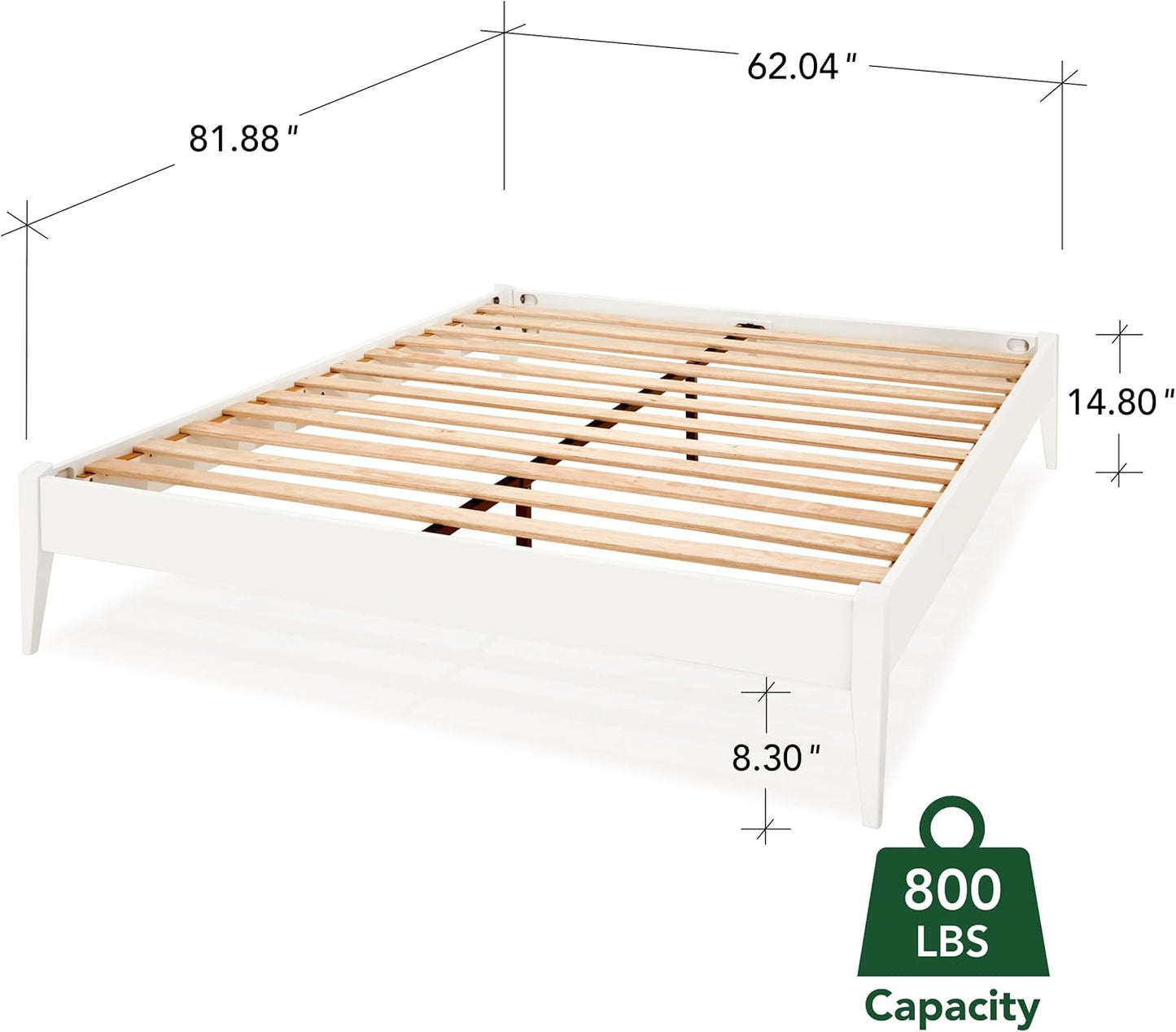 Bme Dinkee Signature Ivory White Queen Bed Frame Without Headboard - Modern & Minimalist Style with Acacia Wood - 12 Strong Wood Slat Support - Easy Assembly - No Box Spring Needed
