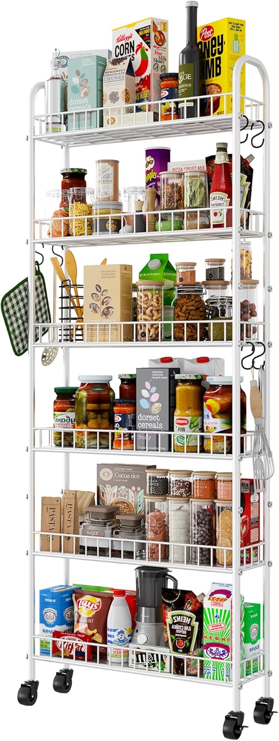 6 Tier Slim Rolling Storage Cart with Wheels, Metal Mobile Shelving Unit Organizer Utility Cart for Office Bathroom Kitchen Laundry Room Narrow Places (White 6 Inches)