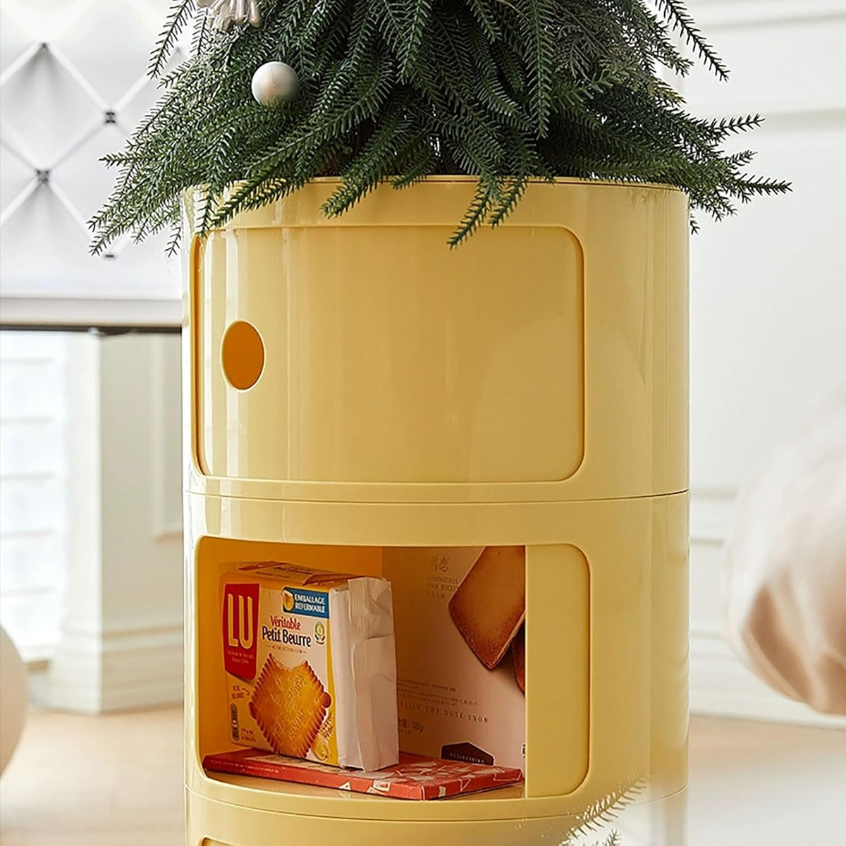 3 Tier Round Nightstand with Drawers, Light Yellow Round Side Table Small Plastic Storage End Table Suitable for Bedroom, Living Room, Bathroom (Light Yellow)