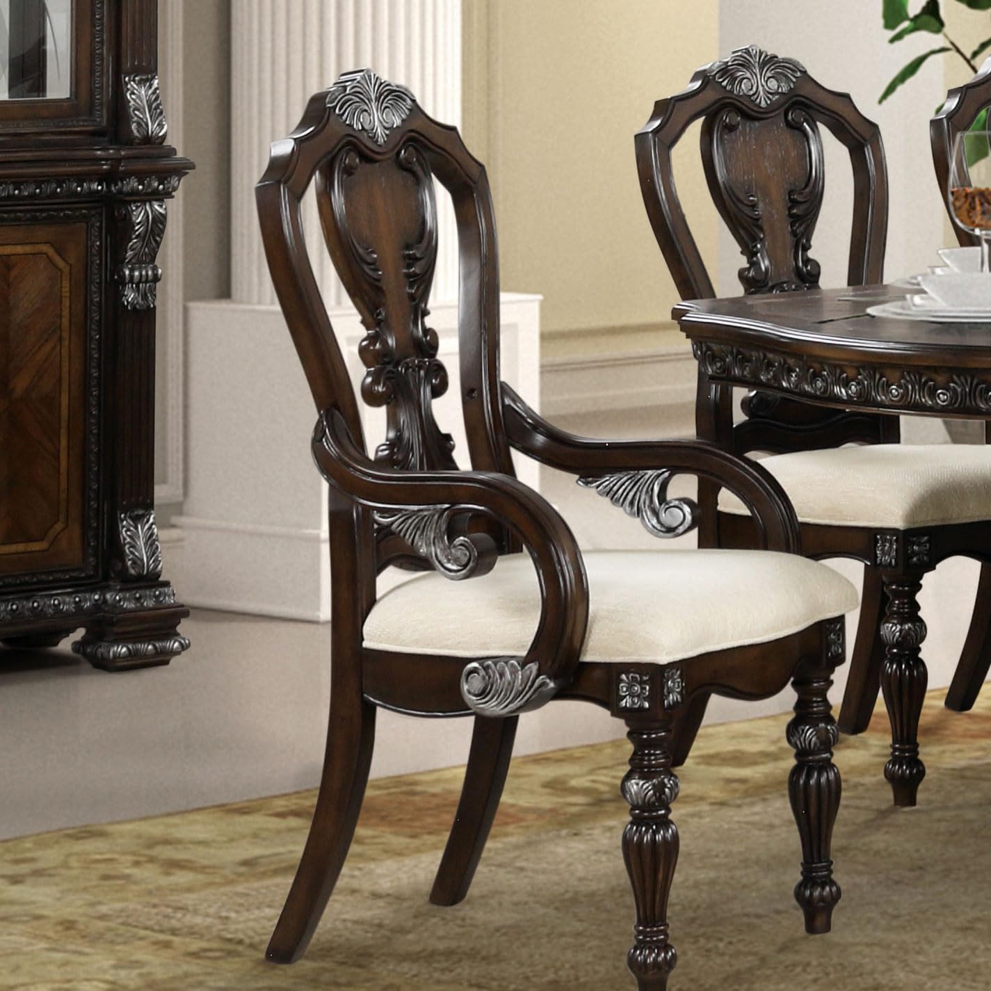 Furniture of America Byrne Traditional Arm Chairs Set of 2, Comfortable Upholstered Seating with Ornate Corbels and Decoractive Backrest for Dining Room, Kitchen, and Living Room, Dark Brown
