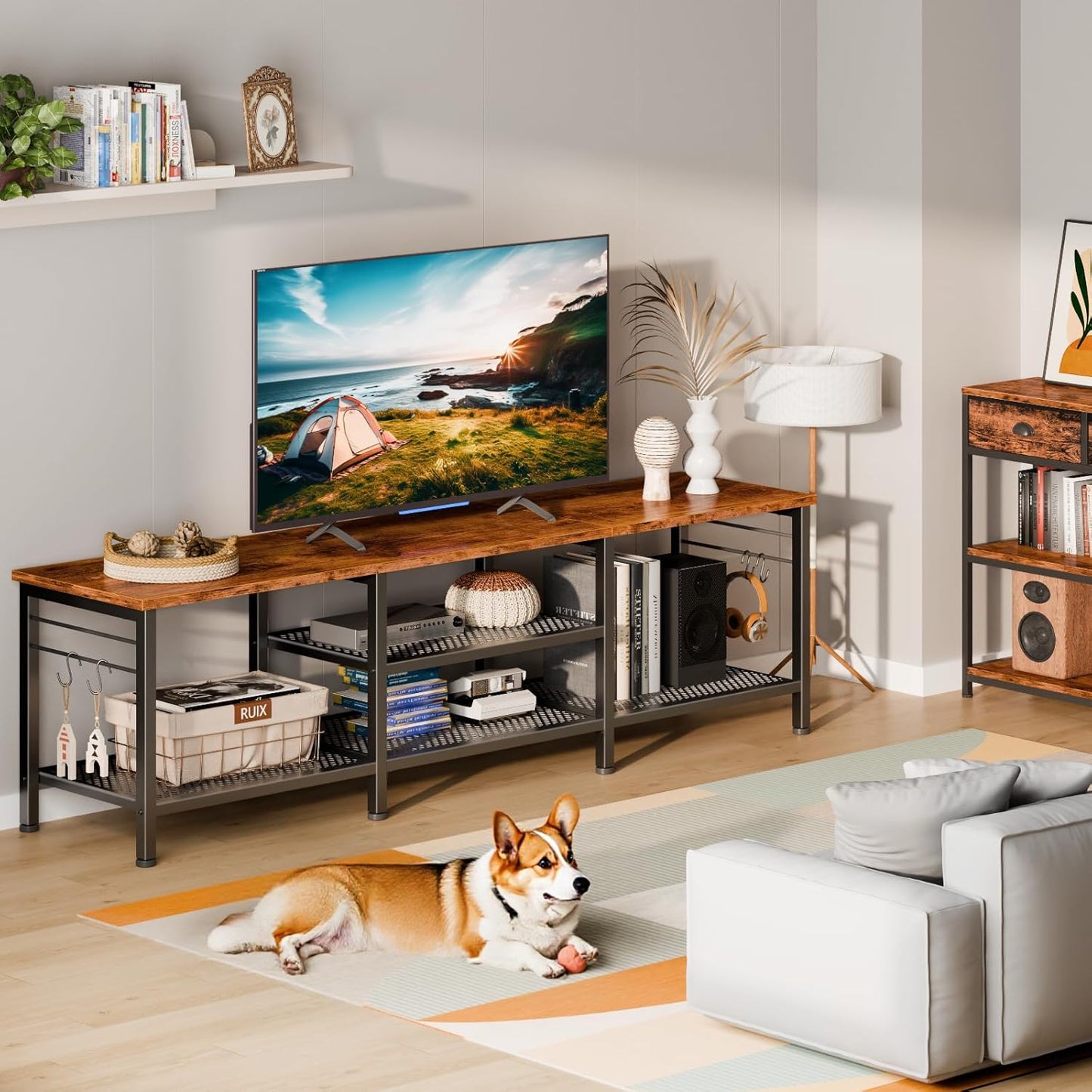 Furologee TV Stand for TVs up to 70 Inch, 63 Inch Entertainment Center with Open Storage Shelves, Television Stands with Soundbar Shelf for Living Room, Bedroom, Rustic Brown