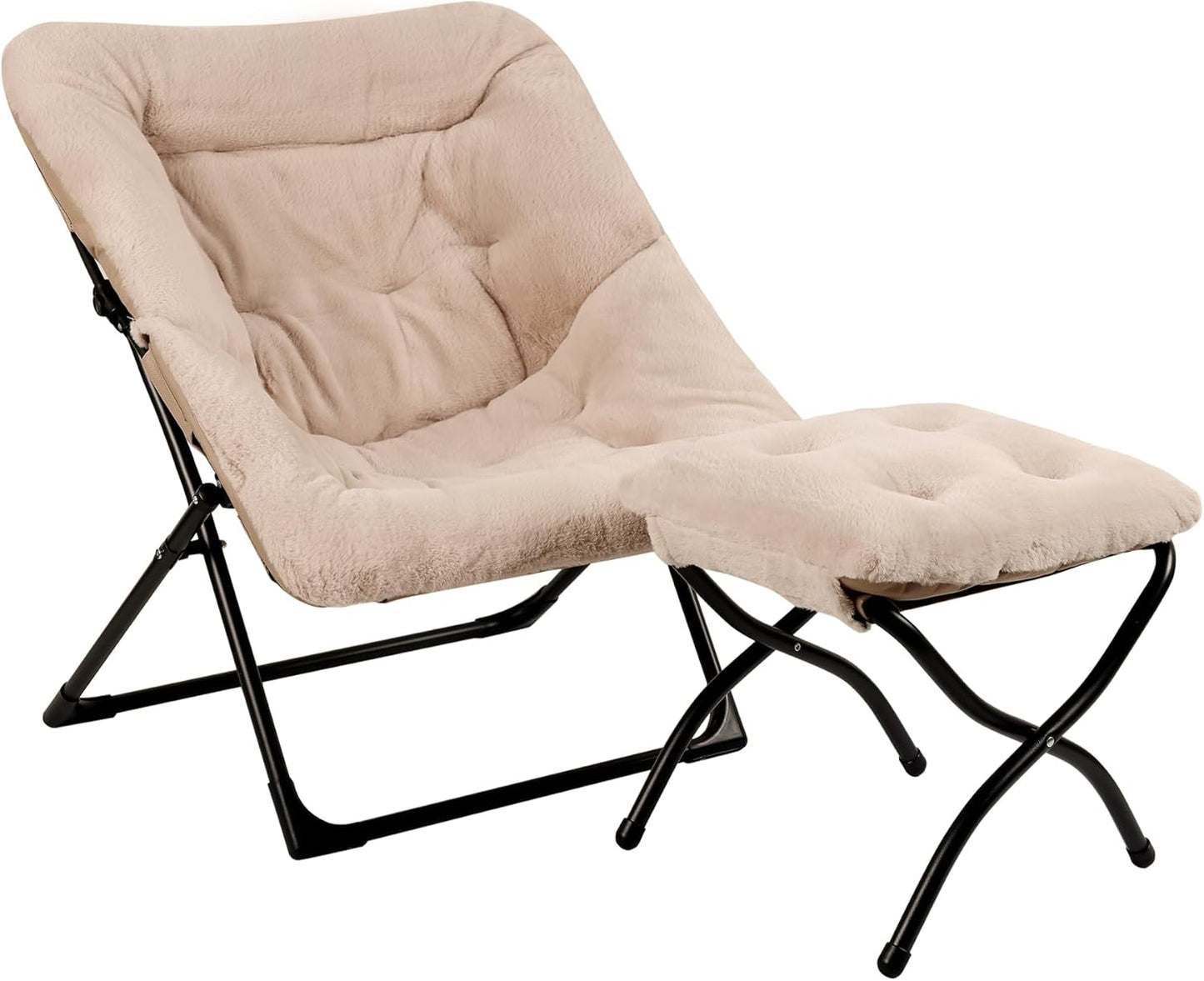 Comfy Saucer Chair for Adults, Soft Faux Fur Bedroom Chair with Ottoman, Accent Dorm Chairs, Living Room Reading Chairs and Footstool, Folding Lounge Seat for Teens, X-Large, Light Khaki