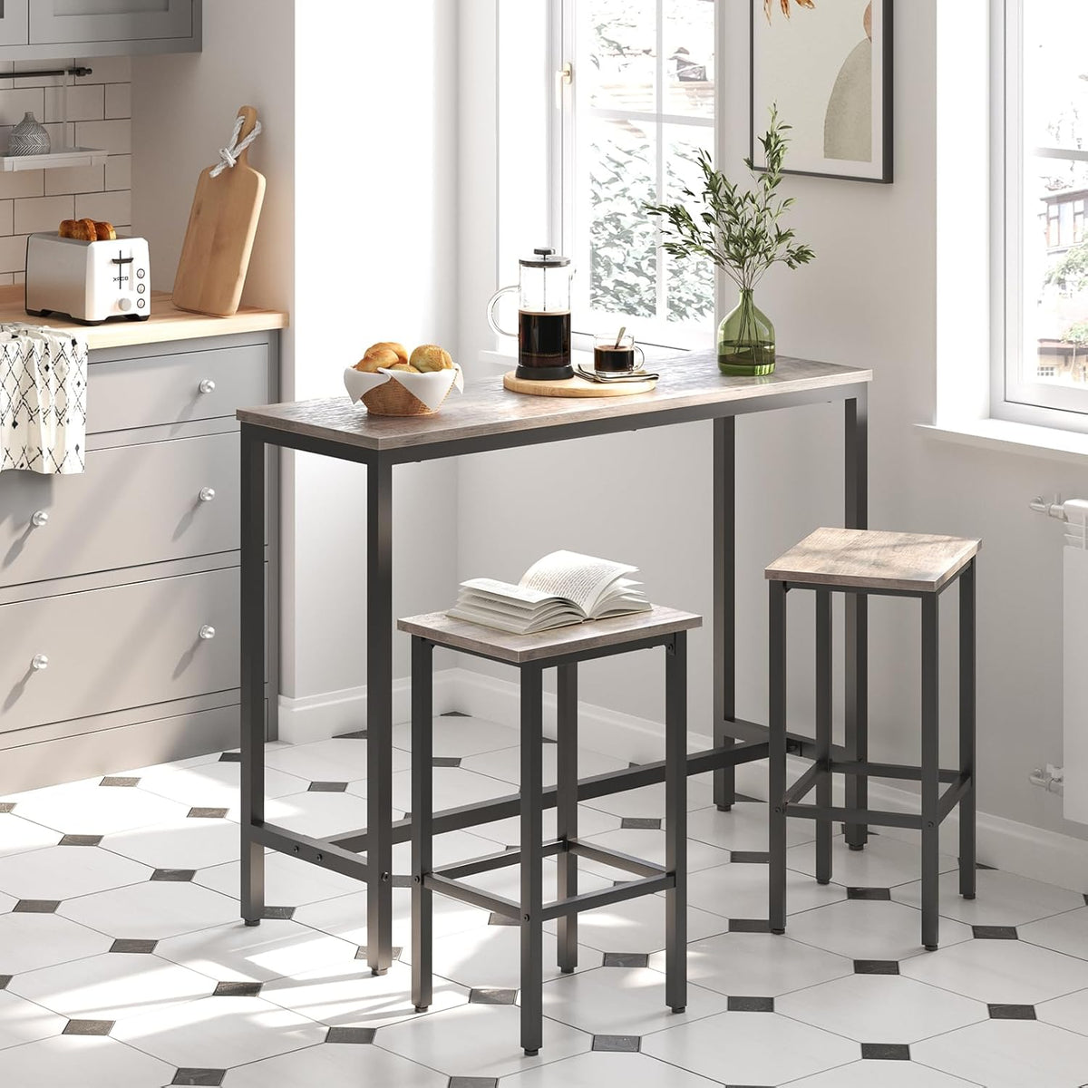 HOOBRO Bar Table and Chairs Set, 47.2” Rectangular Pub Table with 2 Stools for Small Space, High Top Table, 3-Piece Breakfast Table Set, Sturdy Metal Frame, Easy to Assemble, Greige BG52BT01