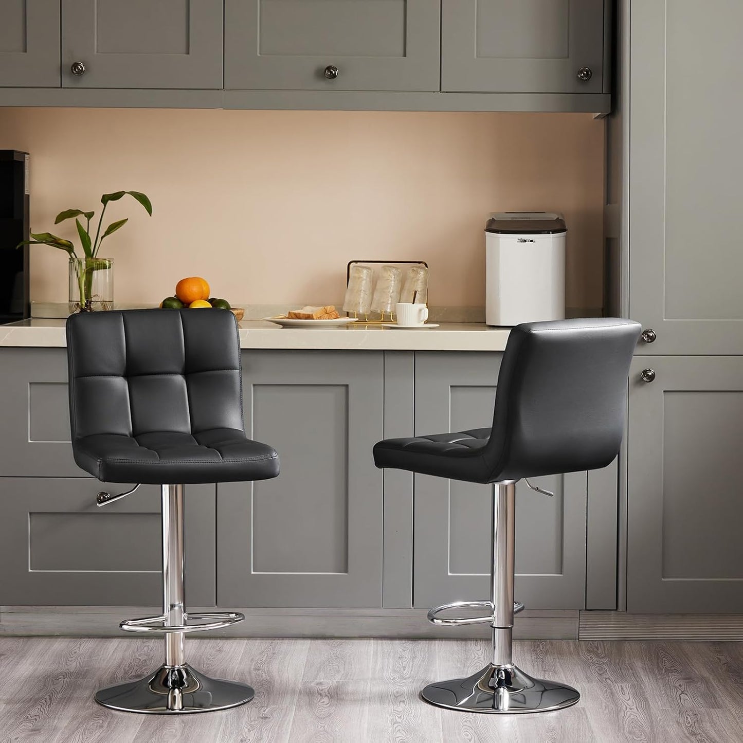Sweetcrispy Bar Stools Set of 4, Armless PU Leather Adjustable Swivel Barstools, Hydraulic Kitchen Counter Height Thickened Seat Cushion Square Island Countertop Chairs with Back - Modern Black