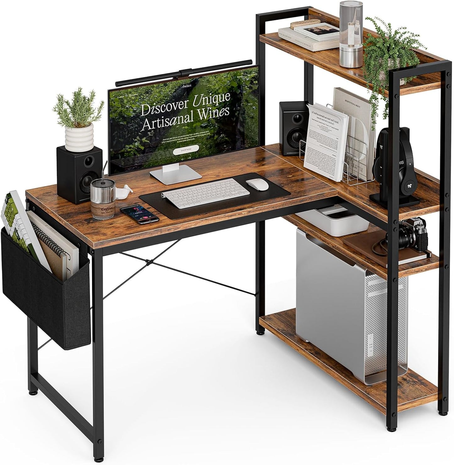 40 Inch L Shaped Computer Desk with Reversible Storage Shelves, Home Office Corner Desk Study Writing Table with Hutch, Study, Rustic Brown