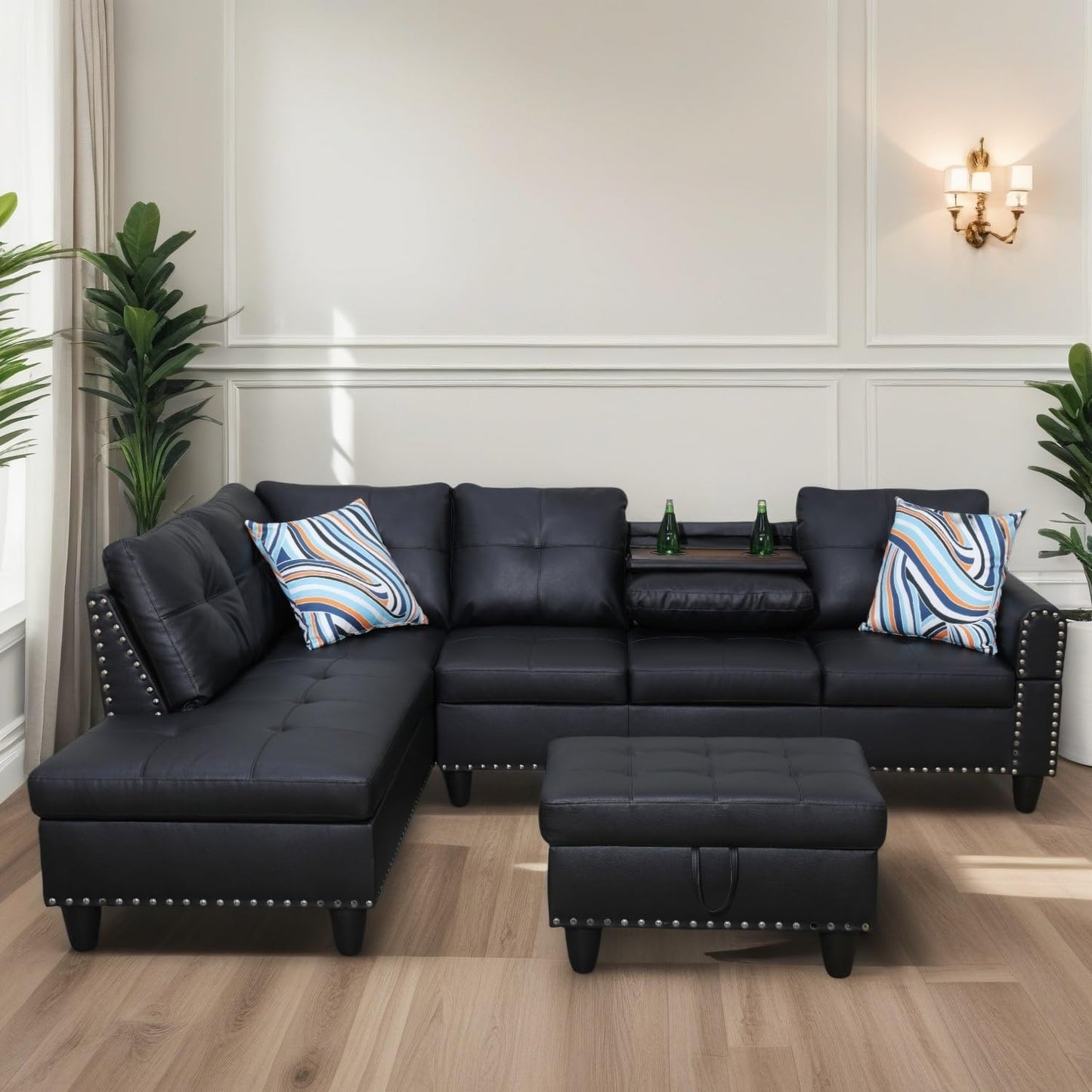 L Shaped Sectional Couches for Living Room, Modular 4 Seat Sofa with Ottoman Storage, Modern Couch with Chaise for Bedroom Apartment Furniture, Black