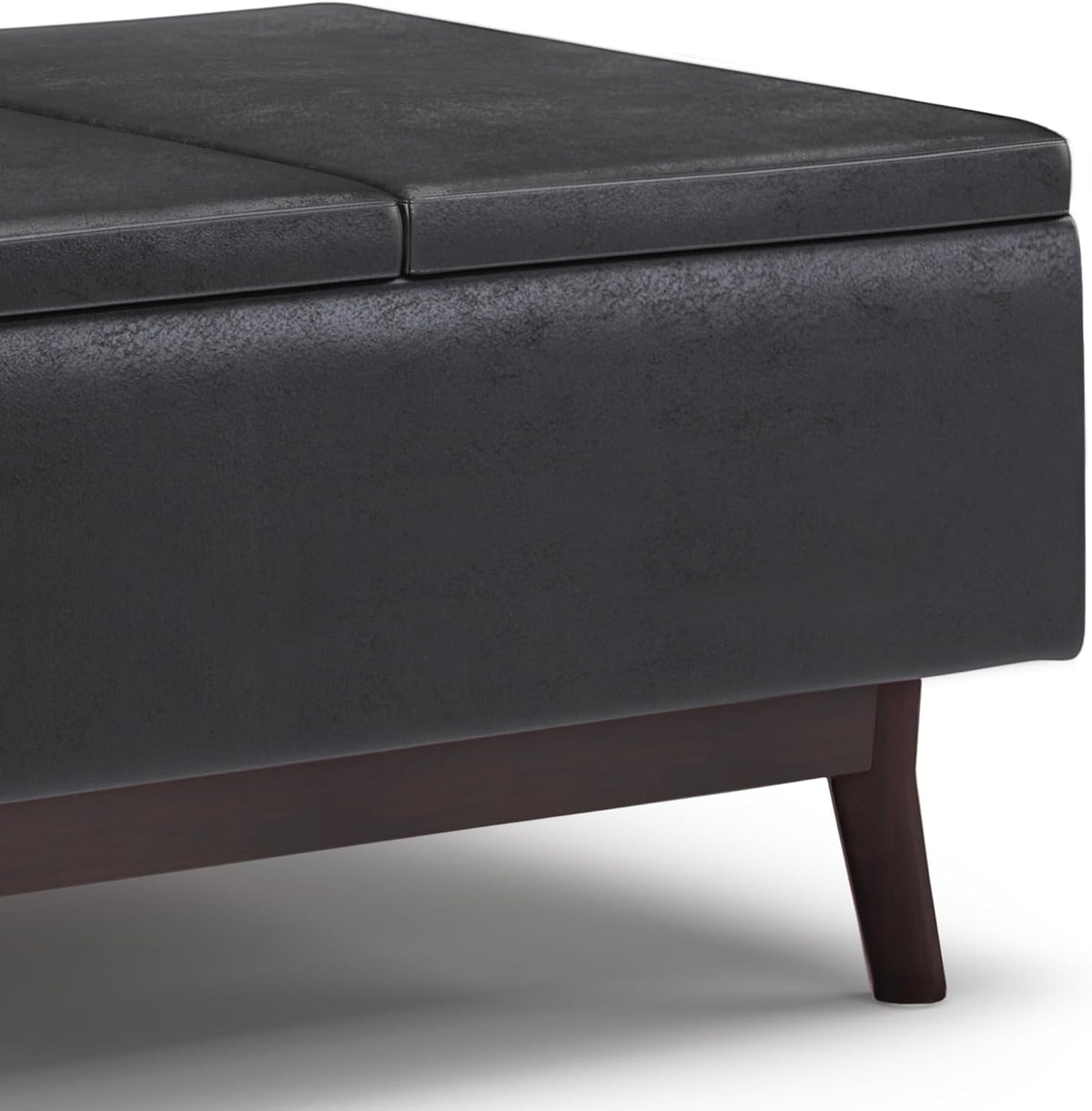 SIMPLIHOME Owen 34 inch Wide Mid Century Modern Rectangle Tray Top Small Coffee Table Storage Ottoman in Distressed Black Vegan Faux Leather, Assembled, for the Living Room, Entryway and Family Room