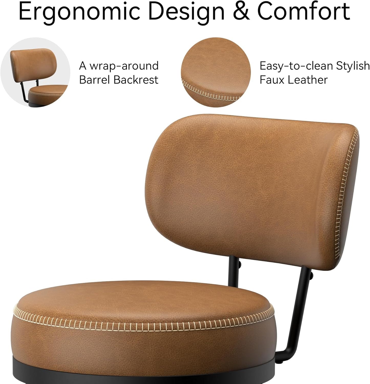 Counter Height Bar Stools, 26" H Swivel Barstools Set of 2, Faux Leather Kitchen Counter Stools with Back and Stylish Stitching, Metal Frame, Pub, Home Bar, Whisky Brown
