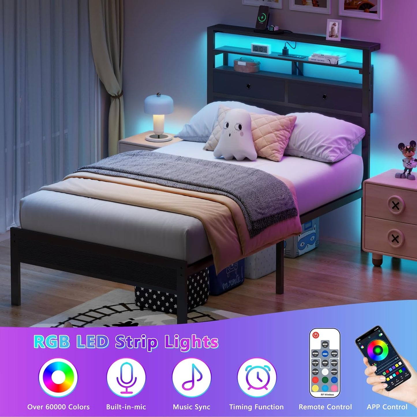 Furnulem Twin Bed Frames with Charging Station and LED Lights, Wood Headboard with 2 Fabric Drawers and Storage Shelves, Twin Size Platform Bed with Metal Slats, No Box Spring Needed, Black Oak