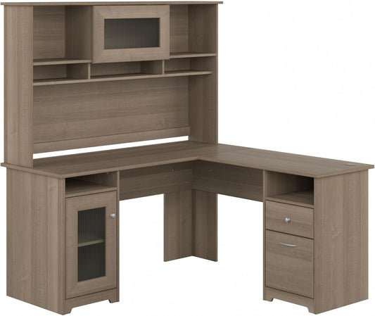 Bush Furniture Cabot L Shaped Desk with Hutch | Corner Desk with Storage for Home Office in Ash Gray | 60W L Shaped Computer Desk