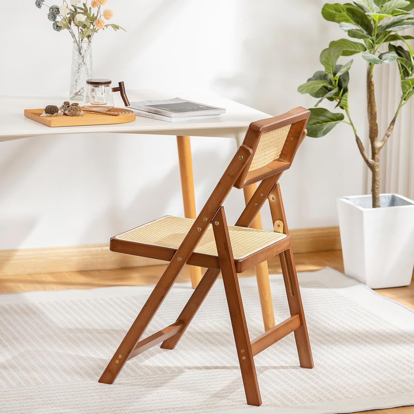 Rattan Folding Chair, Modern Mid Century Dining Chairs Set of 1, Comfy Outdoor Bamboo Chairs for Bedroom Living Room Reading Room Dining Kitchen, Walnut