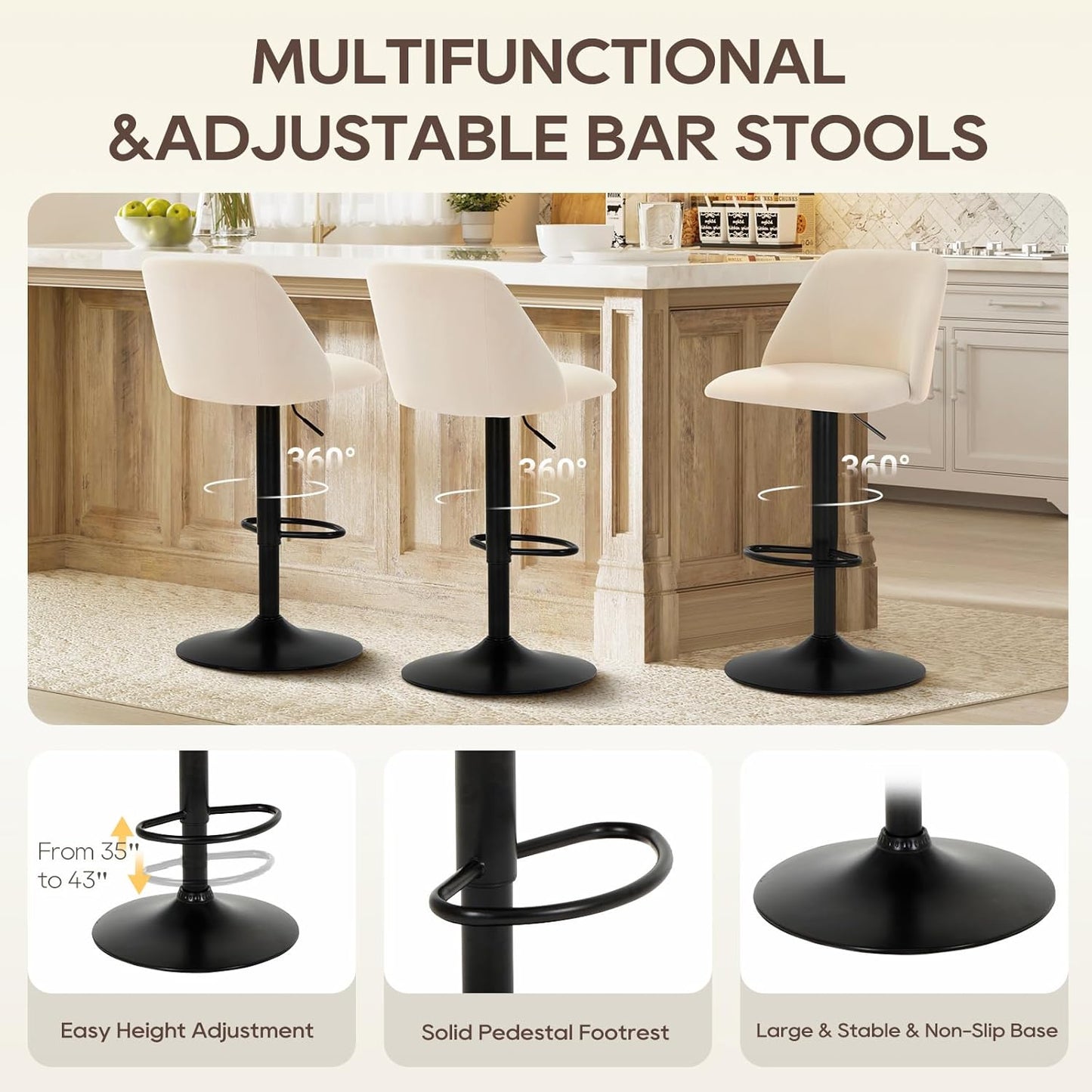 COLAMY Bar Stools Set of 1, Modern Swivel Bar Chairs, Adjustable Upholstered Barstools Counter Height with Full Backrest for Bar, Dining Room, Kitchen Island, Beige