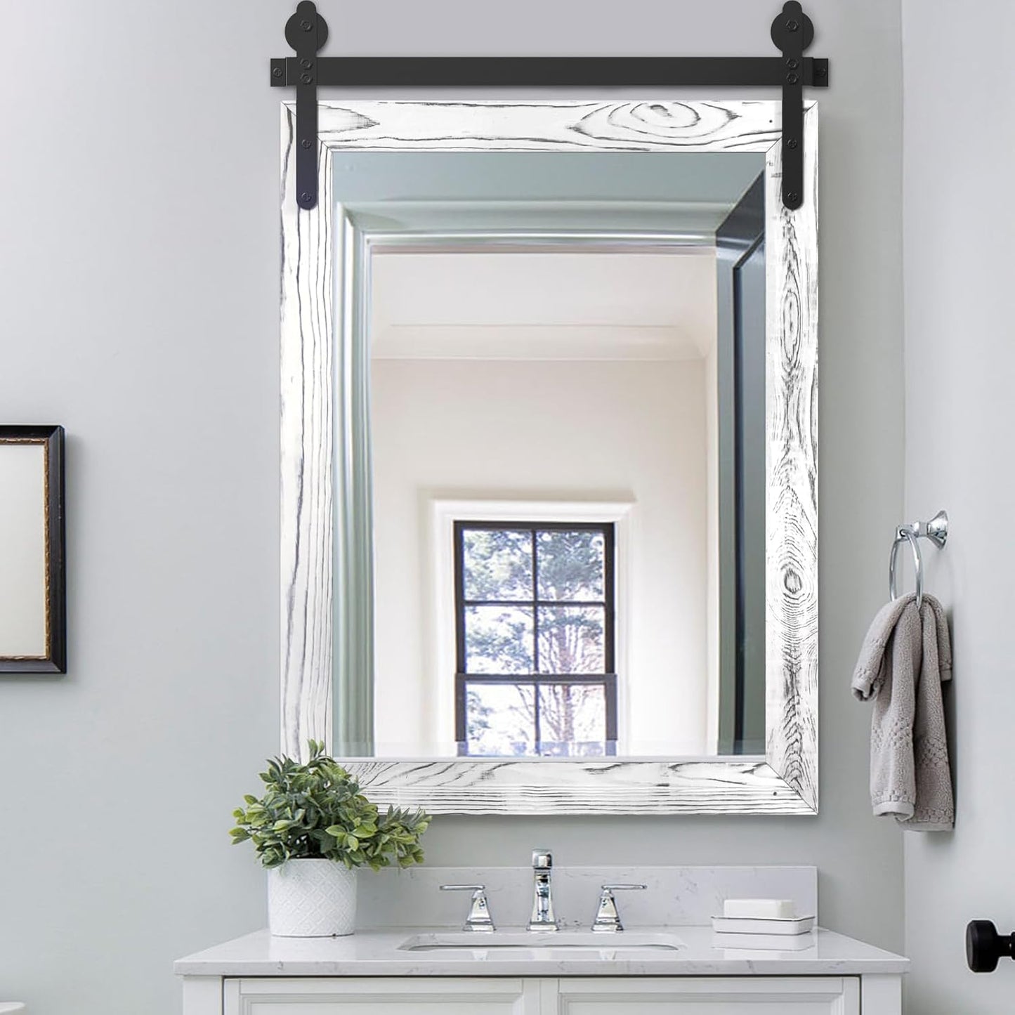 YOSHOOT Farmhouse Barn Door Mirror, 32"x24" Rustic Wood Framed Wall Mounted Vintage Mirror, Wooden Farmhouse Style for Bathroom Living Room Entryway, White, Vertical Hanging ONLY