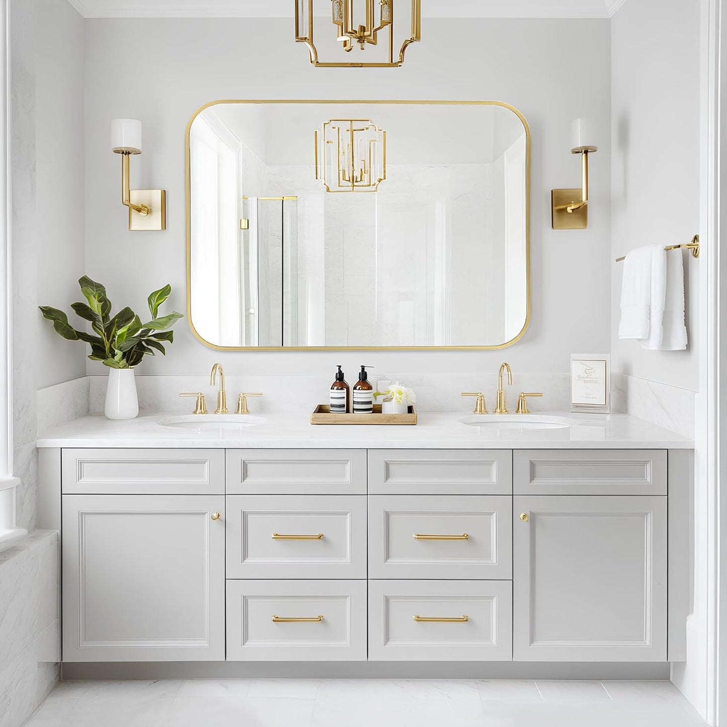 MZON 30x36 Inch Large Brushed Gold Vanity Mirror, Rectangle Bathroom Mirrors for Over Sink, Anti-Rust Frame & Tempered Glass, Hangs Both Ways - Perfect for Luxe Living Room or Bathroom Wall Decor