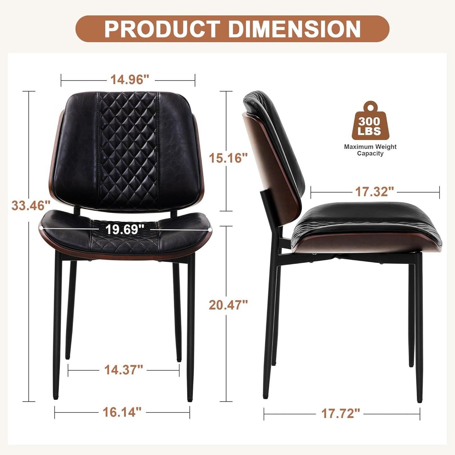 Dining Chairs Set of 2, Upholstered PU Leather Armless Chair, Mid Century Modern Dining Room Chairs, Retro Walnut Bentwood Kitchen Chair with Metal Legs and Adjustable Feet, Black