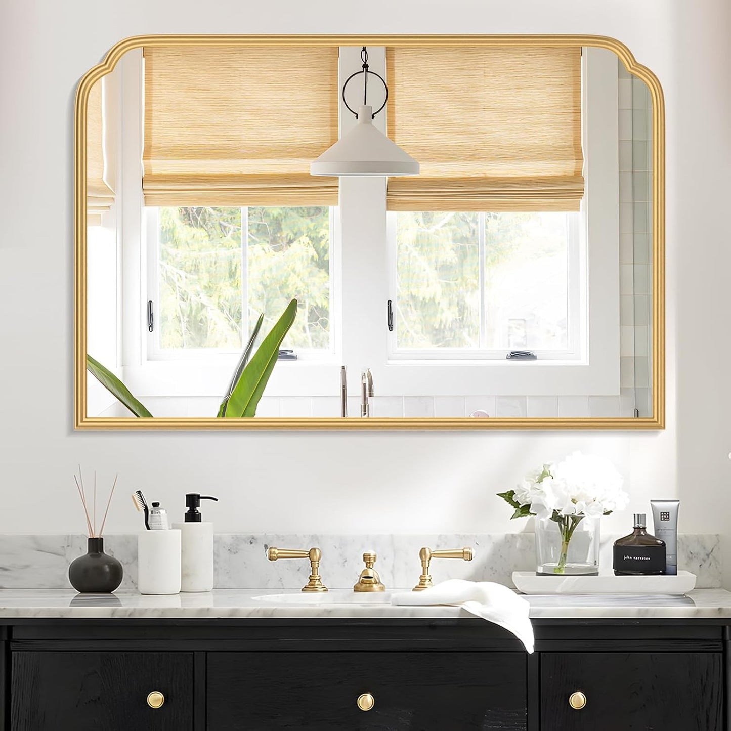 36X24 Inch Gold Bathroom Vanity Mirror for Over Sink, Modern Rounded Corner Fireplace Decor Mirror with Non-Rusting Iron Metal Framed