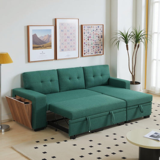 L-Shape Sofa Bed, 92" Sectional Couch with Storage Chaise, Pull Out Sleeper Sofa with Side Compartment, Convertible Corner Couch for Living Room Apartment, Green