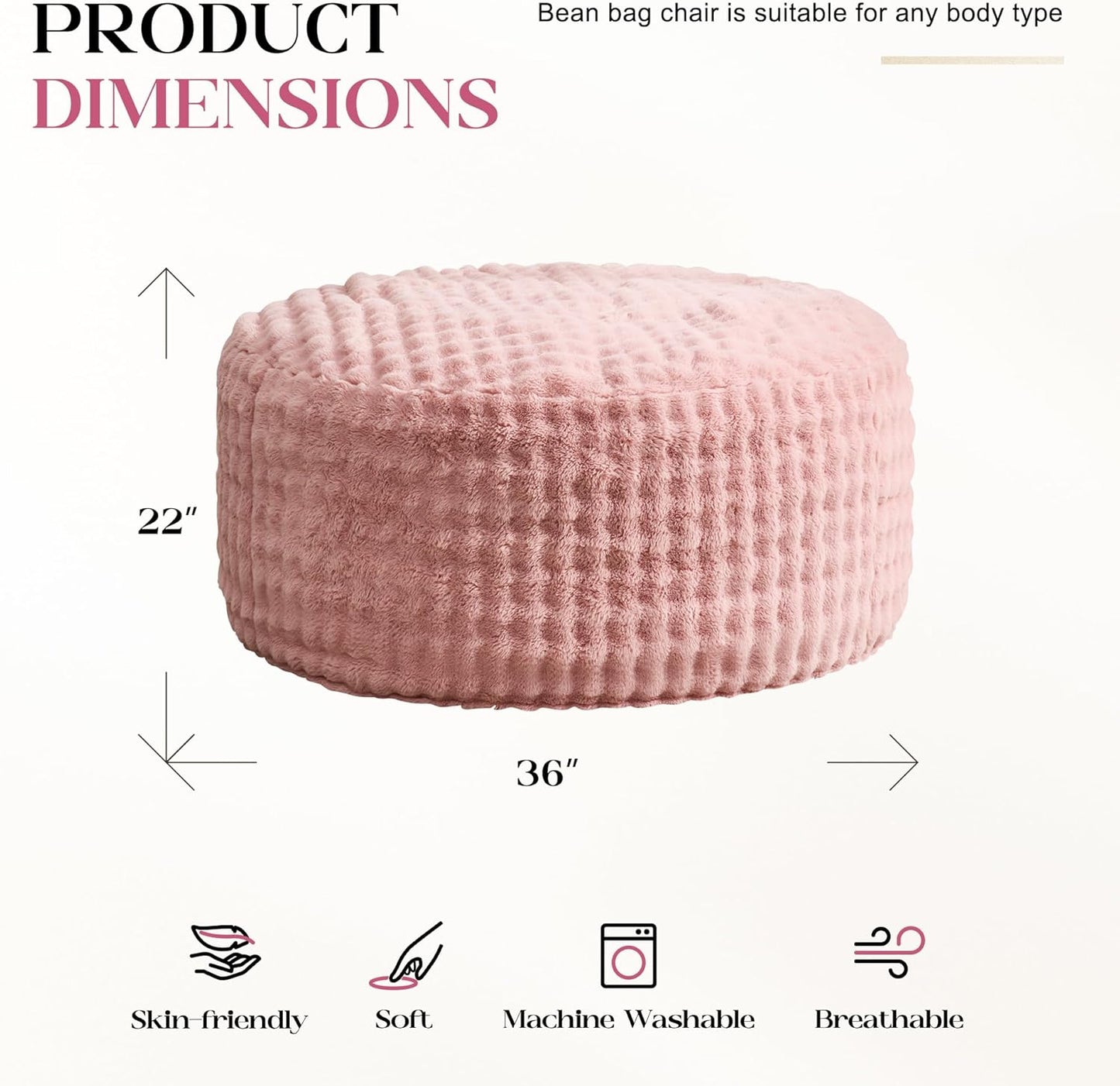 Hobestluk Bean Bag Chairs Beanbag Chair with Filler Adult Bean Bags with Fluffy & Machine Washable Cover, Giant Bean Bag Chairs for Adults (Pink, 3FT-36" x 36" x 22")