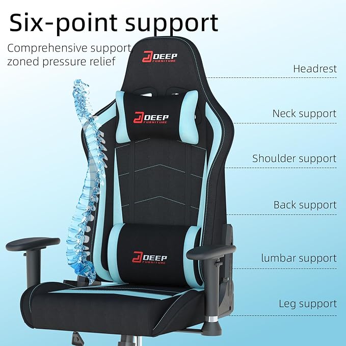 Ergonomic Fabric Gaming Chair with Footrest and Lumbar Support Racing Office Chair Adult-Specific Computer Gaming Chair Wrinkle-Resistant.(1005-LightBlue)