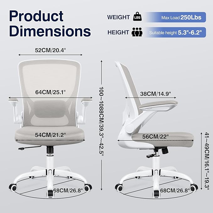 Ergonomic Office Chair, Mesh Computer Chairs with Lumbar Support, Swivel Desk Chair with Flip-up Arms and Adjustable Height, Light Gray