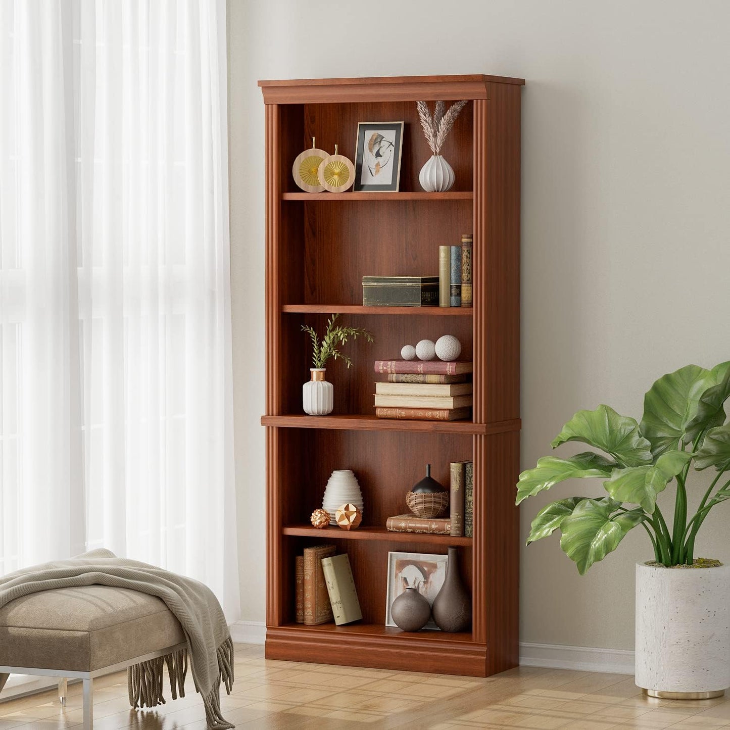 VICTONE 5-Shelf Bookcase, Wooden Standing Rack Book Storage Shelves Furniture Selection for Living Room, Bedroom, Home Office (Cherry)