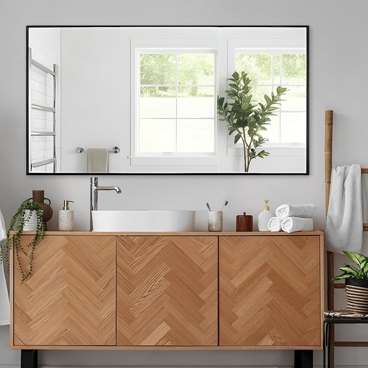 Modern 26"L x 40"W Black Wall Mounted Mirror, Rectangular, Framed, Thickened Stainless Steel Frame, Bathroom Use, Grooming, Home Decor